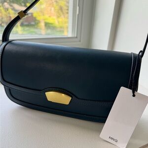 Mango Prussian Blue Faux-Leather Shoulder Bag with Gold Hardware